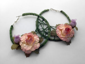 olive/pink rose crescent moon dreamcatcher earrings