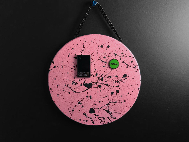 painted pinboard // light pink + black splatter
